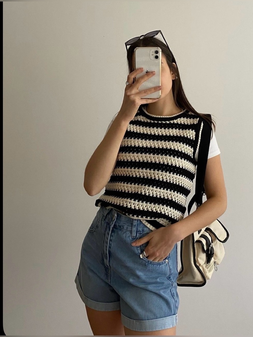 Nine West|Navy & White Striped Knit Crotchet Tank Vest,Oversized•Coastal Beachy!